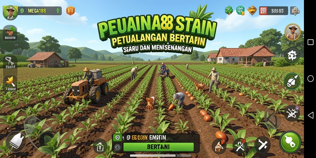 Antarmuka gameplay MEGA188 menampilkan kebun yang subur dan beragam tanaman.
