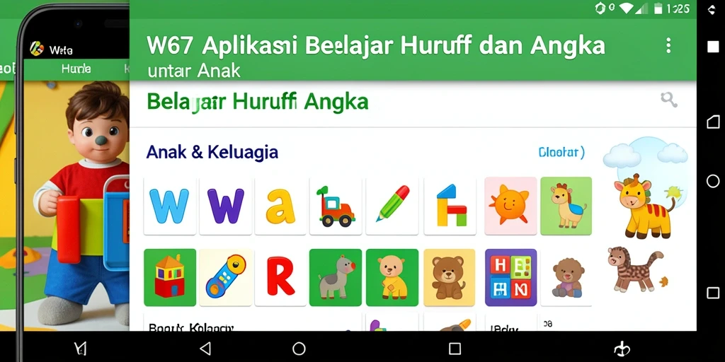 Tampilan antarmuka W67 yang ramah untuk belajar huruf dan angka.